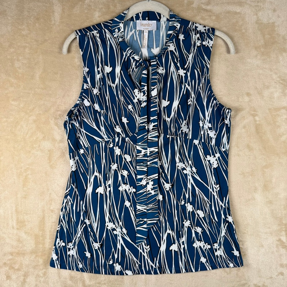 Laundry by Shelli Segal Womens Blue White Abstract Floral Tie Neck‎ Top Size M